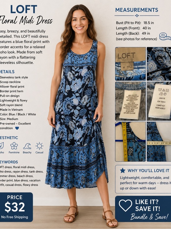 LOFT Dresses & Skirts - LOFT Navy and Light Blue Floral Midi Dress